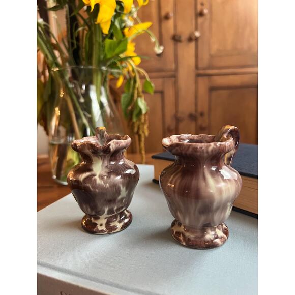 VTG Marbled Ceramic Creamer Brown Scalloped Bud Vase Fall Decor - Picture 9 of 10